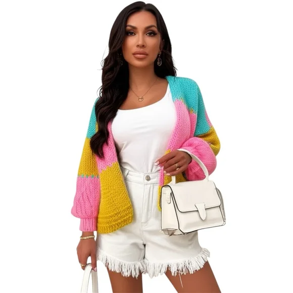 Colorblock Knit Cardigan Open Front Puff Sleeves Large - Picture 4 of 7